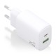 Cargador GaN 25W, 1xUSB-C PD3.0, 1xUSB-A QC3.0, Blanco